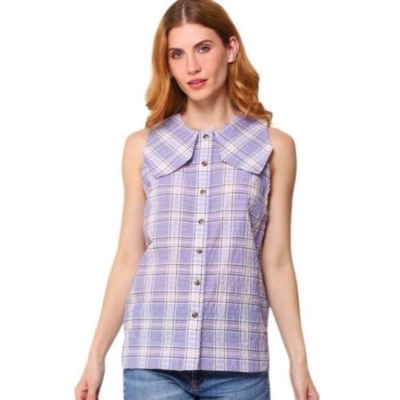 Ganni Checked Cotton-Blend Seersucker Top - Size US 6 - Picture 1 of 11